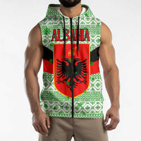 Albania Christmas Sleeveless Zip Hoodie with Green-Red Design, Double-Headed Eagle Emblem, and Santa Motif - Wonder Print Shop