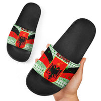 Albania Christmas Slide Sandals with Green-Red Design, Double-Headed Eagle Emblem, and Santa Motif - Wonder Print Shop