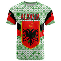Albania Christmas T Shirt with Green-Red Design, Double-Headed Eagle Emblem, and Santa Motif - Wonder Print Shop