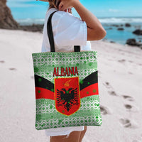 Albania Christmas Tote Bag with Green-Red Design, Double-Headed Eagle Emblem, and Santa Motif - Wonder Print Shop