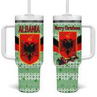 Albania Christmas Tumbler With Handle with Green-Red Design, Double-Headed Eagle Emblem, and Santa Motif - Wonder Print Shop
