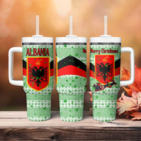Albania Christmas Tumbler With Handle with Green-Red Design, Double-Headed Eagle Emblem, and Santa Motif - Wonder Print Shop