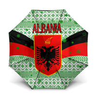 Albania Christmas Umbrella with Green-Red Design, Double-Headed Eagle Emblem, and Santa Motif - Wonder Print Shop