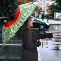 Albania Christmas Umbrella with Green-Red Design, Double-Headed Eagle Emblem, and Santa Motif - Wonder Print Shop