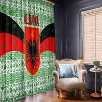 Albania Christmas Window Curtain with Green-Red Design, Double-Headed Eagle Emblem, and Santa Motif - Wonder Print Shop