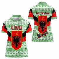 Albania Christmas Women Polo Shirt with Green-Red Design, Double-Headed Eagle Emblem, and Santa Motif - Wonder Print Shop