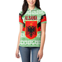 Albania Christmas Women Polo Shirt with Green-Red Design, Double-Headed Eagle Emblem, and Santa Motif - Wonder Print Shop
