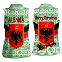 Albania Christmas Women Sleeveless Polo Shirt with Green-Red Design, Double-Headed Eagle Emblem, and Santa Motif - Wonder Print Shop