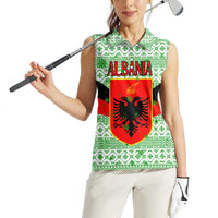 Albania Christmas Women Sleeveless Polo Shirt with Green-Red Design, Double-Headed Eagle Emblem, and Santa Motif - Wonder Print Shop