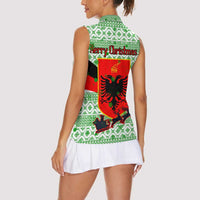 Albania Christmas Women Sleeveless Polo Shirt with Green-Red Design, Double-Headed Eagle Emblem, and Santa Motif - Wonder Print Shop