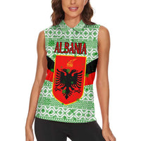 Albania Christmas Women Sleeveless Polo Shirt with Green-Red Design, Double-Headed Eagle Emblem, and Santa Motif - Wonder Print Shop