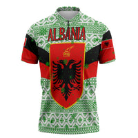 Albania Christmas Zipper Polo Shirt with Green-Red Design, Double-Headed Eagle Emblem, and Santa Motif - Wonder Print Shop