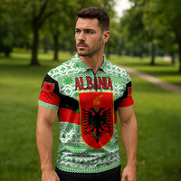 Albania Christmas Zipper Polo Shirt with Green-Red Design, Double-Headed Eagle Emblem, and Santa Motif - Wonder Print Shop