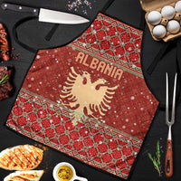 Albania Christmas Apron with Red Geometric Design, Golden Double-Headed Eagle, and Santa Motif - Wonder Print Shop