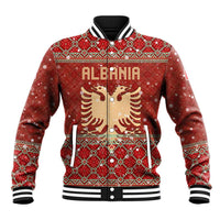 Albania Christmas Baseball Jacket with Red Geometric Design, Golden Double-Headed Eagle, and Santa Motif - Wonder Print Shop