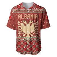Albania Christmas Baseball Jersey with Red Geometric Design, Golden Double-Headed Eagle, and Santa Motif - Wonder Print Shop