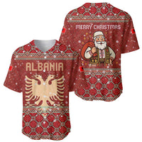 Albania Christmas Baseball Jersey with Red Geometric Design, Golden Double-Headed Eagle, and Santa Motif - Wonder Print Shop