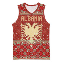 Albania Christmas Basketball Jersey with Red Geometric Design, Golden Double-Headed Eagle, and Santa Motif - Wonder Print Shop