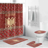 Albania Christmas Bathroom Set with Red Geometric Design, Golden Double-Headed Eagle, and Santa Motif - Wonder Print Shop