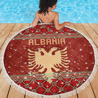 Albania Christmas Beach Blanket with Red Geometric Design, Golden Double-Headed Eagle, and Santa Motif - Wonder Print Shop