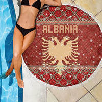 Albania Christmas Beach Blanket with Red Geometric Design, Golden Double-Headed Eagle, and Santa Motif - Wonder Print Shop