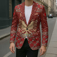 Albania Christmas Blazer with Red Geometric Design, Golden Double-Headed Eagle, and Santa Motif - Wonder Print Shop