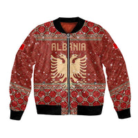 Albania Christmas Bomber Jacket with Red Geometric Design, Golden Double-Headed Eagle, and Santa Motif - Wonder Print Shop