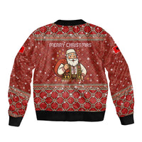 Albania Christmas Bomber Jacket with Red Geometric Design, Golden Double-Headed Eagle, and Santa Motif - Wonder Print Shop