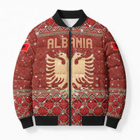 Albania Christmas Bomber Puffer Jacket with Red Geometric Design, Golden Double-Headed Eagle, and Santa Motif - Wonder Print Shop