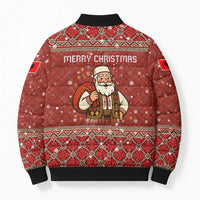 Albania Christmas Bomber Puffer Jacket with Red Geometric Design, Golden Double-Headed Eagle, and Santa Motif - Wonder Print Shop