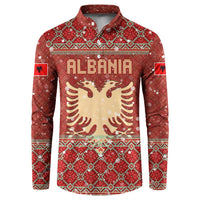 Albania Christmas Button Sweatshirt with Red Geometric Design, Golden Double-Headed Eagle, and Santa Motif - Wonder Print Shop
