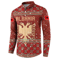 Albania Christmas Button Sweatshirt with Red Geometric Design, Golden Double-Headed Eagle, and Santa Motif - Wonder Print Shop