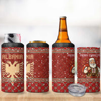 Albania Christmas 4 in 1 Can Cooler Tumbler with Red Geometric Design, Golden Double-Headed Eagle, and Santa Motif - Wonder Print Shop