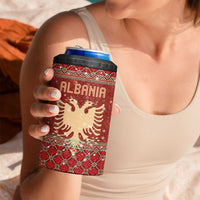 Albania Christmas 4 in 1 Can Cooler Tumbler with Red Geometric Design, Golden Double-Headed Eagle, and Santa Motif - Wonder Print Shop
