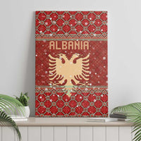 Albania Christmas Canvas Wall Art with Red Geometric Design, Golden Double-Headed Eagle, and Santa Motif - Wonder Print Shop
