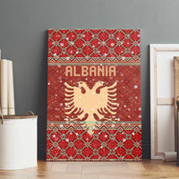 Albania Christmas Canvas Wall Art with Red Geometric Design, Golden Double-Headed Eagle, and Santa Motif - Wonder Print Shop