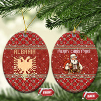 Albania Christmas Ceramic Ornament with Red Geometric Design, Golden Double-Headed Eagle, and Santa Motif - Wonder Print Shop