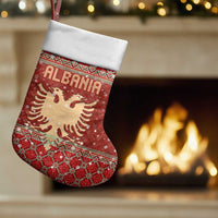 Albania Christmas Stocking with Red Geometric Design, Golden Double-Headed Eagle, and Santa Motif - Wonder Print Shop