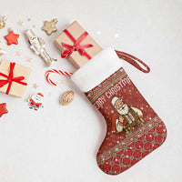 Albania Christmas Stocking with Red Geometric Design, Golden Double-Headed Eagle, and Santa Motif - Wonder Print Shop
