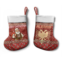 Albania Christmas Stocking with Red Geometric Design, Golden Double-Headed Eagle, and Santa Motif - Wonder Print Shop