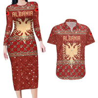 Albania Christmas Couples Matching Long Sleeve Bodycon Dress and Hawaiian Shirt with Red Geometric Design, Golden Double-Headed Eagle, and Santa Motif - Wonder Print Shop