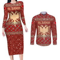Albania Christmas Couples Matching Long Sleeve Bodycon Dress and Long Sleeve Button Shirt with Red Geometric Design, Golden Double-Headed Eagle, and Santa Motif - Wonder Print Shop