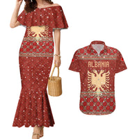Albania Christmas Couples Matching Mermaid Dress and Hawaiian Shirt with Red Geometric Design, Golden Double-Headed Eagle, and Santa Motif - Wonder Print Shop