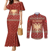 Albania Christmas Couples Matching Mermaid Dress and Long Sleeve Button Shirt with Red Geometric Design, Golden Double-Headed Eagle, and Santa Motif - Wonder Print Shop