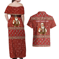 Albania Christmas Couples Matching Off Shoulder Maxi Dress and Hawaiian Shirt with Red Geometric Design, Golden Double-Headed Eagle, and Santa Motif - Wonder Print Shop