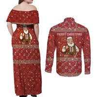 Albania Christmas Couples Matching Off Shoulder Maxi Dress and Long Sleeve Button Shirt with Red Geometric Design, Golden Double-Headed Eagle, and Santa Motif - Wonder Print Shop