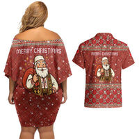 Albania Christmas Couples Matching Off Shoulder Short Dress and Hawaiian Shirt with Red Geometric Design, Golden Double-Headed Eagle, and Santa Motif - Wonder Print Shop