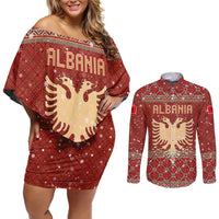 Albania Christmas Couples Matching Off Shoulder Short Dress and Long Sleeve Button Shirt with Red Geometric Design, Golden Double-Headed Eagle, and Santa Motif - Wonder Print Shop