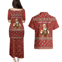 Albania Christmas Couples Matching Puletasi and Hawaiian Shirt with Red Geometric Design, Golden Double-Headed Eagle, and Santa Motif - Wonder Print Shop