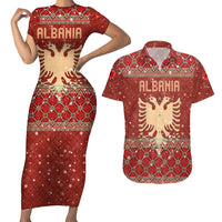 Albania Christmas Couples Matching Short Sleeve Bodycon Dress and Hawaiian Shirt with Red Geometric Design, Golden Double-Headed Eagle, and Santa Motif - Wonder Print Shop